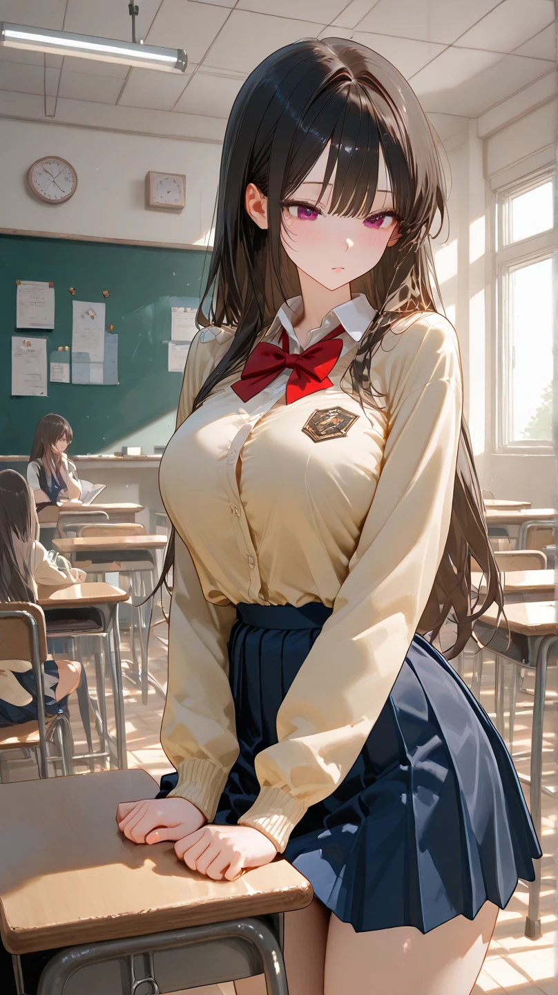 perfect face, detailed face, beautiful hair, three girls, 16yo, medium sized breasts, firm chest, very cute face, young face, female idol, nude, school uniform, seifuku, Perfect Hip, round hips, (exposing white panties from under the skirt:1.2), smile shyly, (blush:1.2), stare at the viewer with a seductive gaze, (in crowded classroom:1.1),
