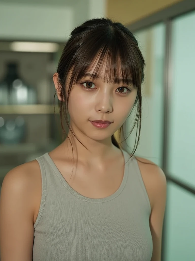 Candid portrait of Korean woman, beautiful, tiny, very white skin, 15 years old, yellow clothes, short shoulder length hair, rosy lips in 2330, Cyberpunk, fluorescent lamps, 35mm F/2.8