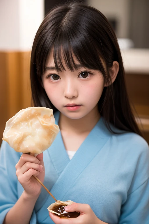 11 year old girl　Japanese　Light blue yukata　Realistic Skin　Bigeyes　Eating a Big Mac　フライドポテトを食べている