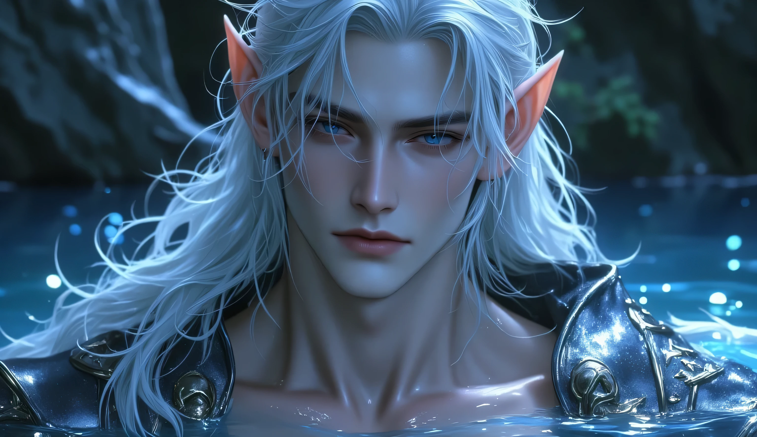A stunning, silver-haired elven prince rising gracefully from moonlit, glowing water in a mystical cave. His long, wavy, snowy-white hair flows like silk, softly illuminated by bioluminescent light. His skin is smooth, flawless, and glowing with a moon-kissed shimmer. His piercing, crystalline violet eyes are perfectly symmetrical, deep and soulful, lined with long lashes — full of wisdom and otherworldly elegance.
He has a lean, muscular physique with a sculpted chest, visible abs, and delicate veins glinting subtly beneath the surface. Water droplets slide down his glistening body. He wears ornate, black silver-gilded armor pieces on his arms and hips, embedded with glowing runes. His ears are long and pointed, subtly glowing at the tips.
The atmosphere is mysterious and divine — glowing orbs, floating mist, shimmering cave walls. Magical sparkles drift around him. Hyper-detailed elven features, high fantasy aesthetics, photorealistic lighting, cinematic focus, ultra-sharp resolution. Perfect anatomy, flawless skin texture, wet shine, and reflections — designed for 4K hyper-realistic rendering.
Style Tags: fantasy art, cinematic lighting, ethereal beauty, silver elf, perfect male model, soft glow, night magic, wet skin, elegant body.