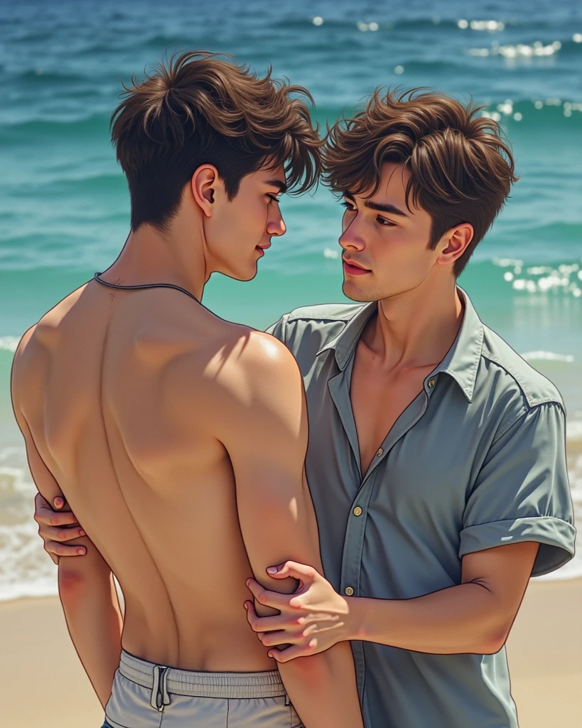 Dois homens brasileiros se beijando na praia, one of them wearing shorts and the other jeans, sem camisa. Fundo mar e coqueirais.
