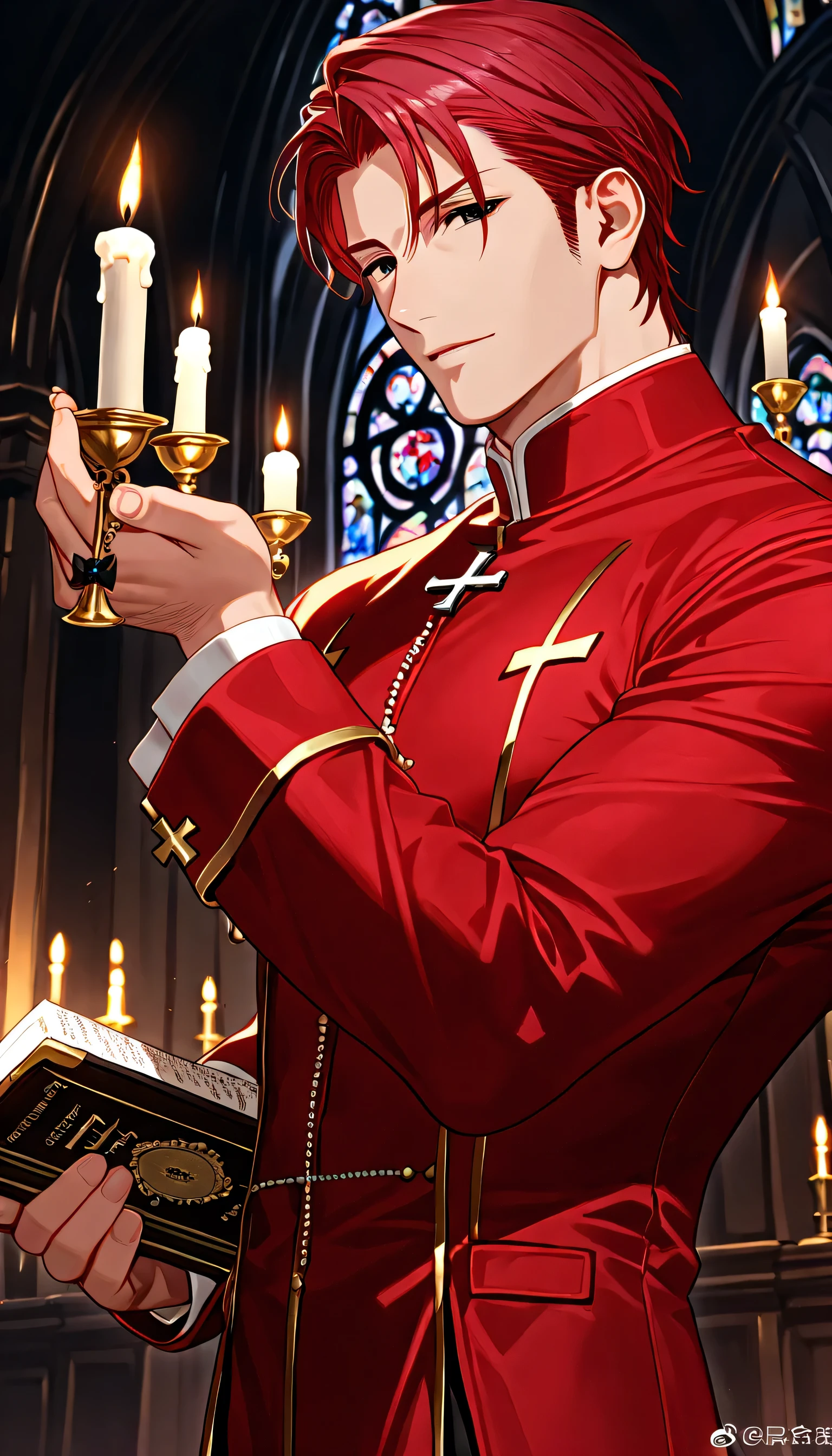 1 male、mature man、No expression、red hair、Black eyes、all back、((Red priest suit))、 Cross 、 Rosary 、((holding a Bible in his hand))、church、dynamic pose、candle、Gothic style、gothic atmosphere