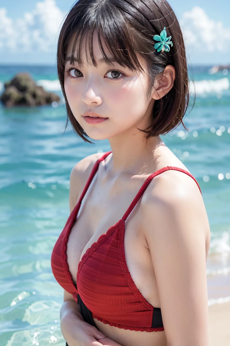 8k, highest quality, masterpiece, super high resolution, (realistic:1.4), RAW Photos, (Film Grain:1.3), One Girl, portrait of a skinny Japanese woman, 30 years old, standing on the beach, a cute face, detailed face, detailed eyes, {short|long} hair, correct body anatomy, wearing a bikini, photogravure