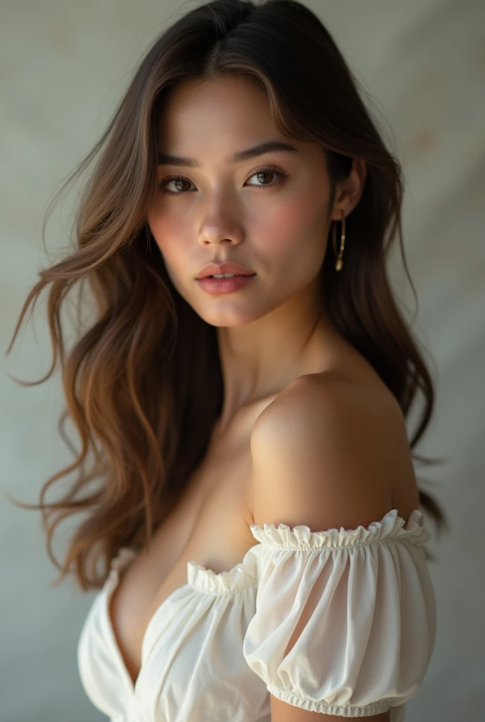 A beautiful girl with makeup and wearing queen dress a round shape face long hair and any hair is go to face 