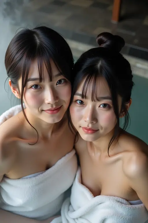 Identical twin sisters、Japanese women、20-year-old、Very beautiful young woman, Taking a shower, Wet Hair, water is flowing, Wet Skin
