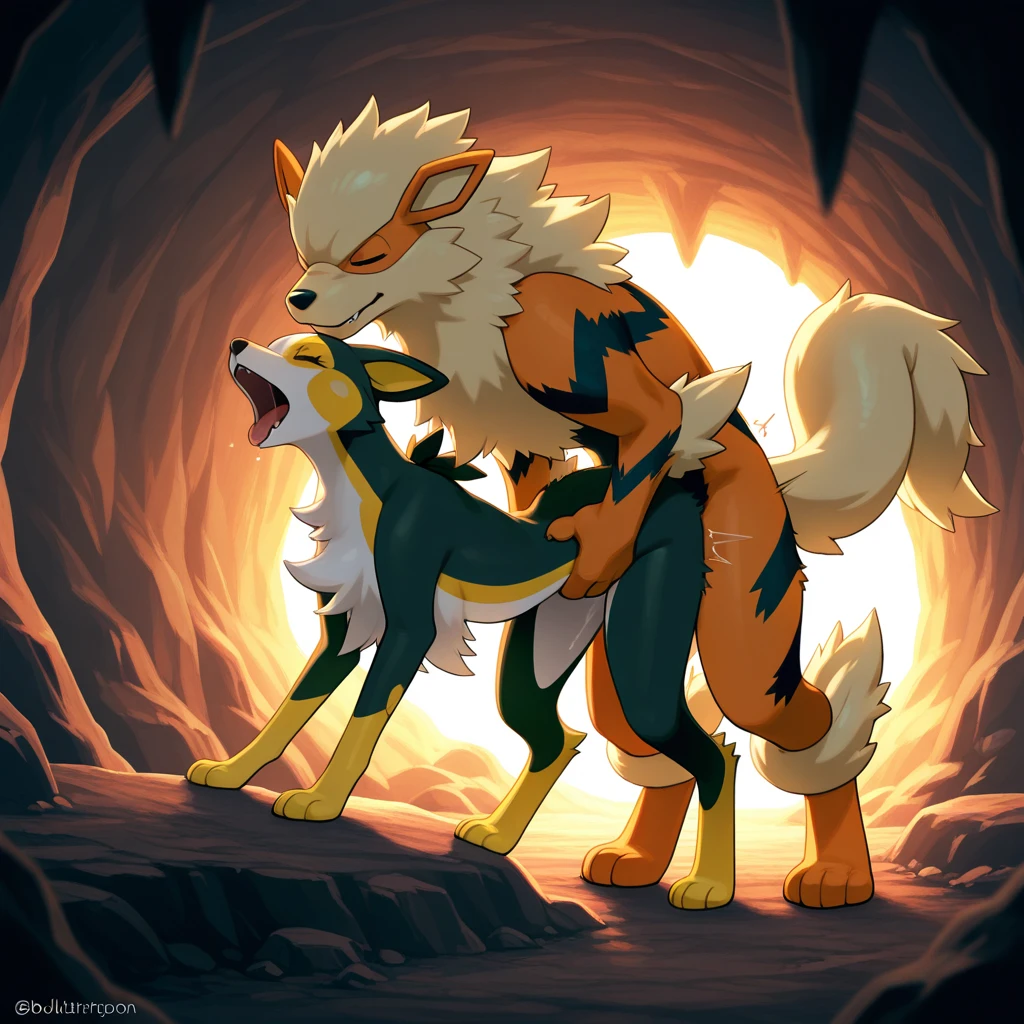 Feral Arcanine humping Lucario in the forest