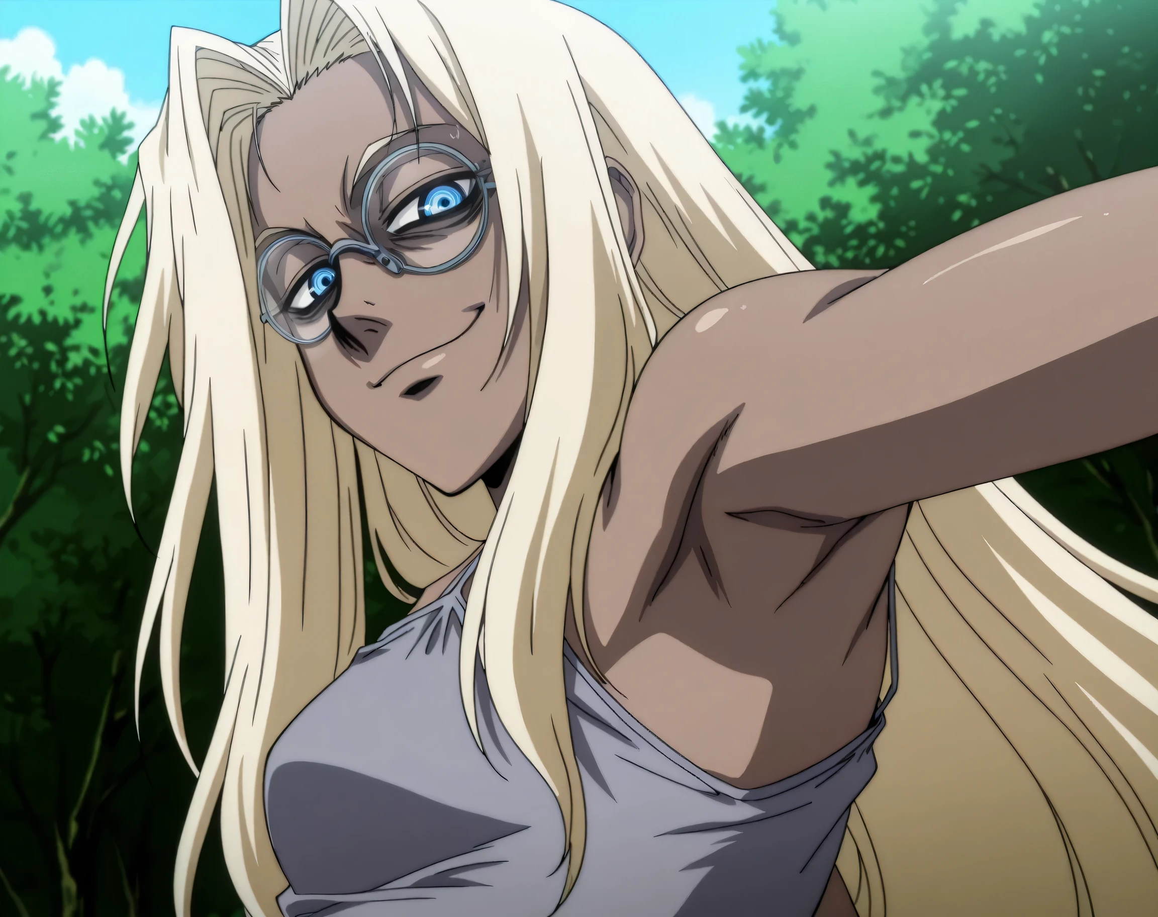 masterpiece, best quality, amazing quality, anime screencap, anime coloring, 1girl, solo, Hellsing_style, IntegraHellsing, mature female, blonde hair, forehead, very long hair, dark skin, blue eyes, small breasts, glasses, grey tank top, spaghetti straps, skindentation, (sweaty:0.6), sleeveless, bare shoulders, bare arms, armpit, armpit focus, head towards viewer, looking at viewer, direct eye contact, half-closed eyes, evil smile, confident, closed mouth, outdoors, day, from side, from below