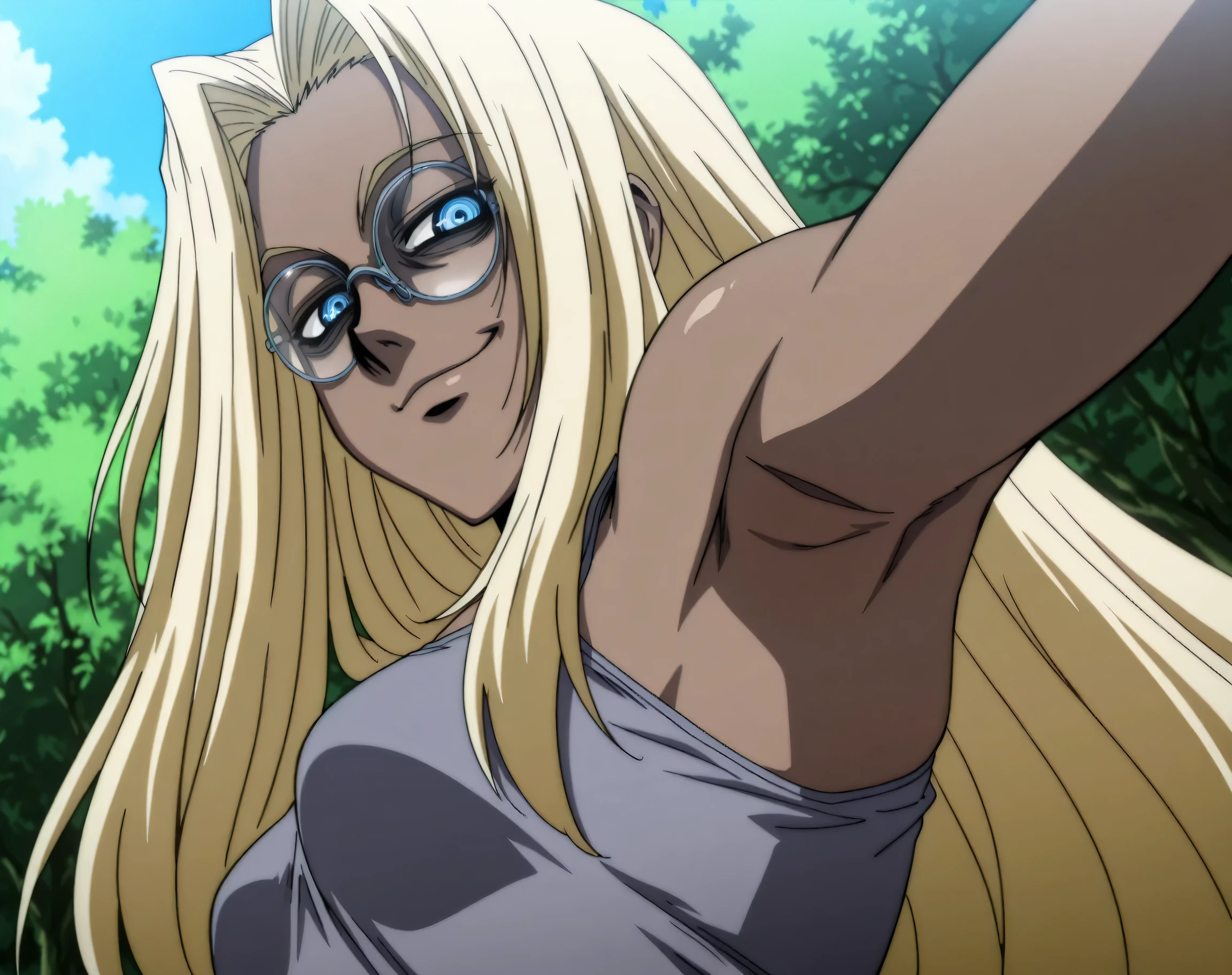 masterpiece, best quality, amazing quality, anime screencap, anime coloring, 1girl, solo, Hellsing_style, IntegraHellsing, mature female, blonde hair, forehead, very long hair, dark skin, blue eyes, small breasts, glasses, grey tank top, spaghetti straps, skindentation, (sweaty:0.6), sleeveless, bare shoulders, bare arms, armpit, armpit focus, head towards viewer, looking at viewer, direct eye contact, half-closed eyes, evil smile, confident, closed mouth, outdoors, day, from side, from below