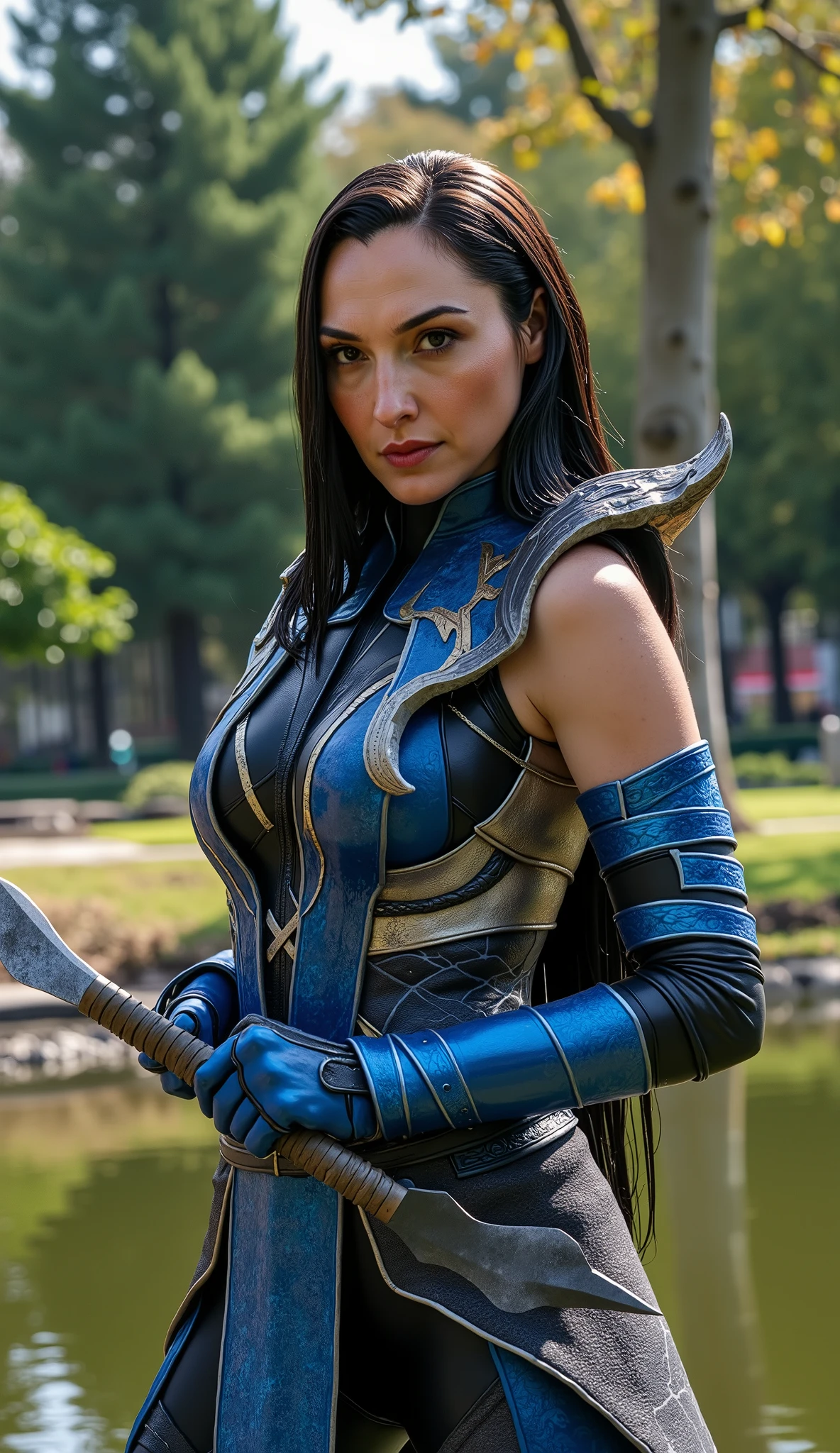 Make Gal Gadot hyperrealistic dressed as Kitana from Mortal Kombat in blue and with her sharp-pointed fan in a hyper-realistic park, upper body, em 8k