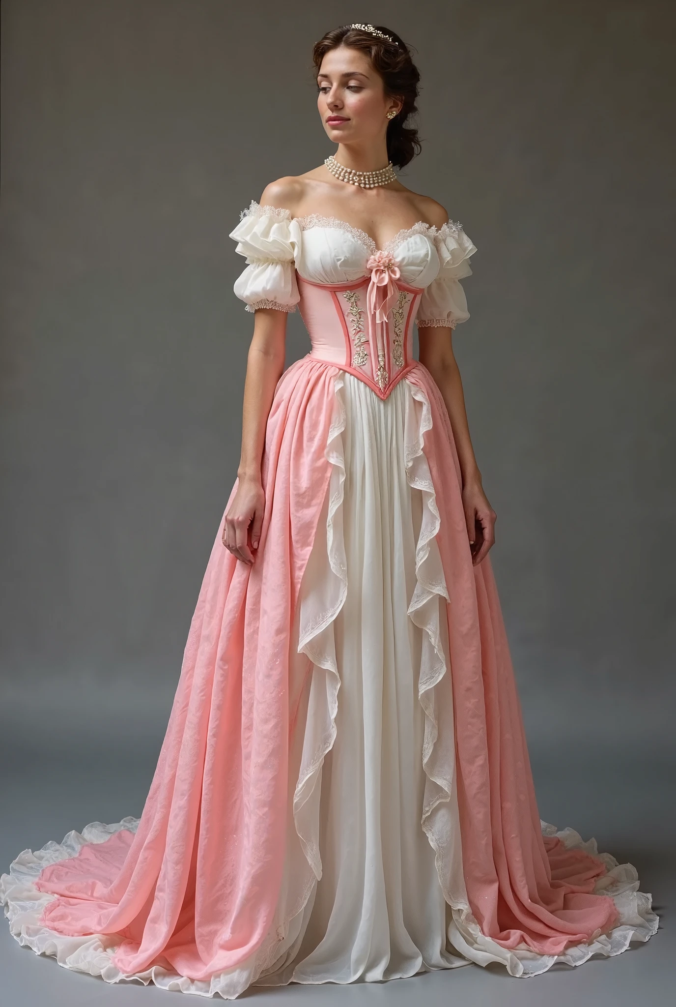 Masterpiece, perfect long legs, corset, large pink and white Victorian dress, wavy black hair, blue eyes, inside a castle, standing, elegant, small pointy nose, pretty, princess
