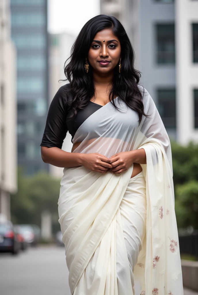Indian woman wearing wearing (onam saree), (young woman), 25 years old, (curvy figure:1.3), (eyeglasses), (bindi), An Indian beauty, charismatic, light Indian- skin, view the viewer, naughty smile, luxurious villa in background, both eyes are the same, full-body shot, hd, 2k, 4k , 8k, 180 degree turn
