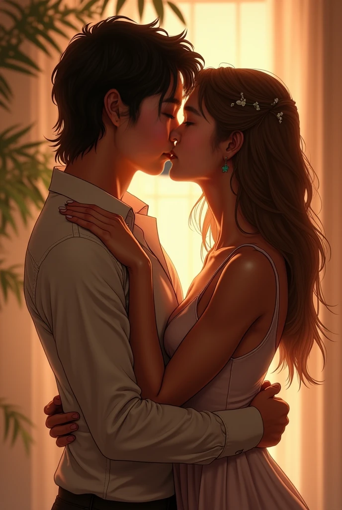 One beautiful girl and boy kissing scene