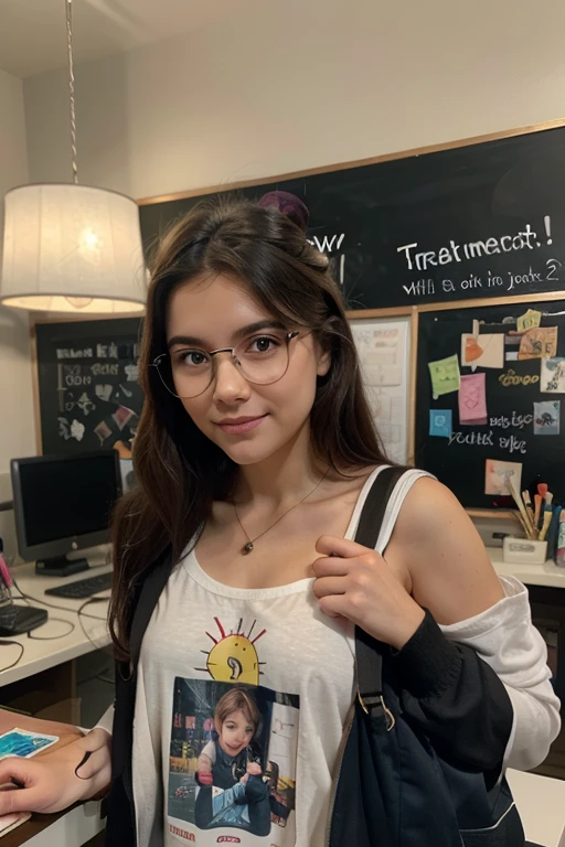 Instagram influencer natural latina girl with brown eyes, with glasses and headphones, in a school, very realistic