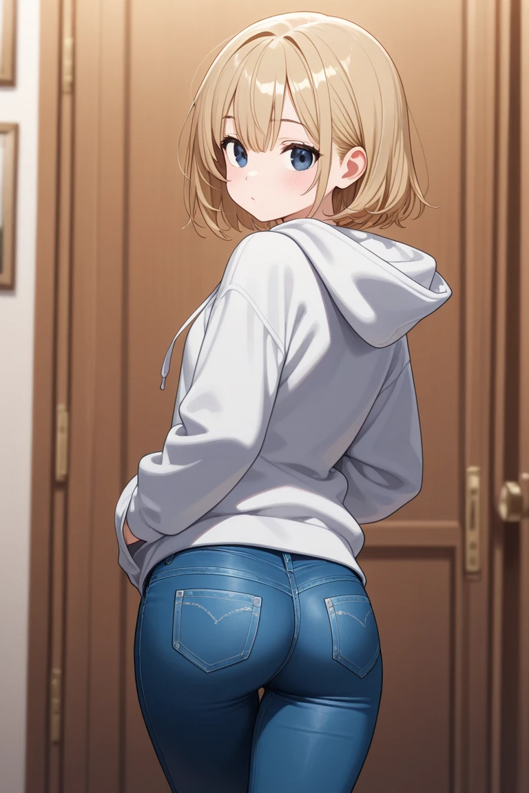 (masterpiece:1.2), (highest quality:1.2), perfect eyes, perfect face, perfect lighting, mountainous horizon, blonde big breasts red eye, ((((((hair over one eye,)))))), Braidスタイル, spike hair, dull bangs, bob hair, Braid, Ahoge, cute eyes, Medium chest, , ((((from below)))), closed mouth, vivid description,orgasm, I was scared, Ahegao, smile+Happy, tooth, anger, From the side, She is wearing pink shorts with jeans textured lace, wears hoodie in yellow modern style fashion, Are standing, arm behind back