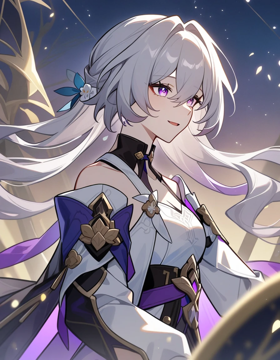 This is a girl with white hair,Dressed in a dark purple assassin costume,In his right hand, he held a purple phantom longsword,Fair and slender legs,Anterior convex and posterior,and charming,The cloak is dashing and proud,Overbearing,pretty,Frontal view,Walk through dark villages,Quaint and eerie,One spell after another floats,脚踏六芒星✡阵法