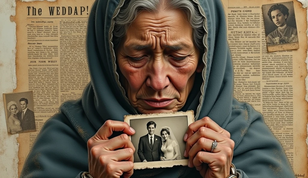 An illustration Of a old Women (hairs covered in black scarf) sadly with tears in her eyes looking at her sons picture who is dead in war while in fade shade in her background german and french politicians from ww1 are laughing shaking hands.