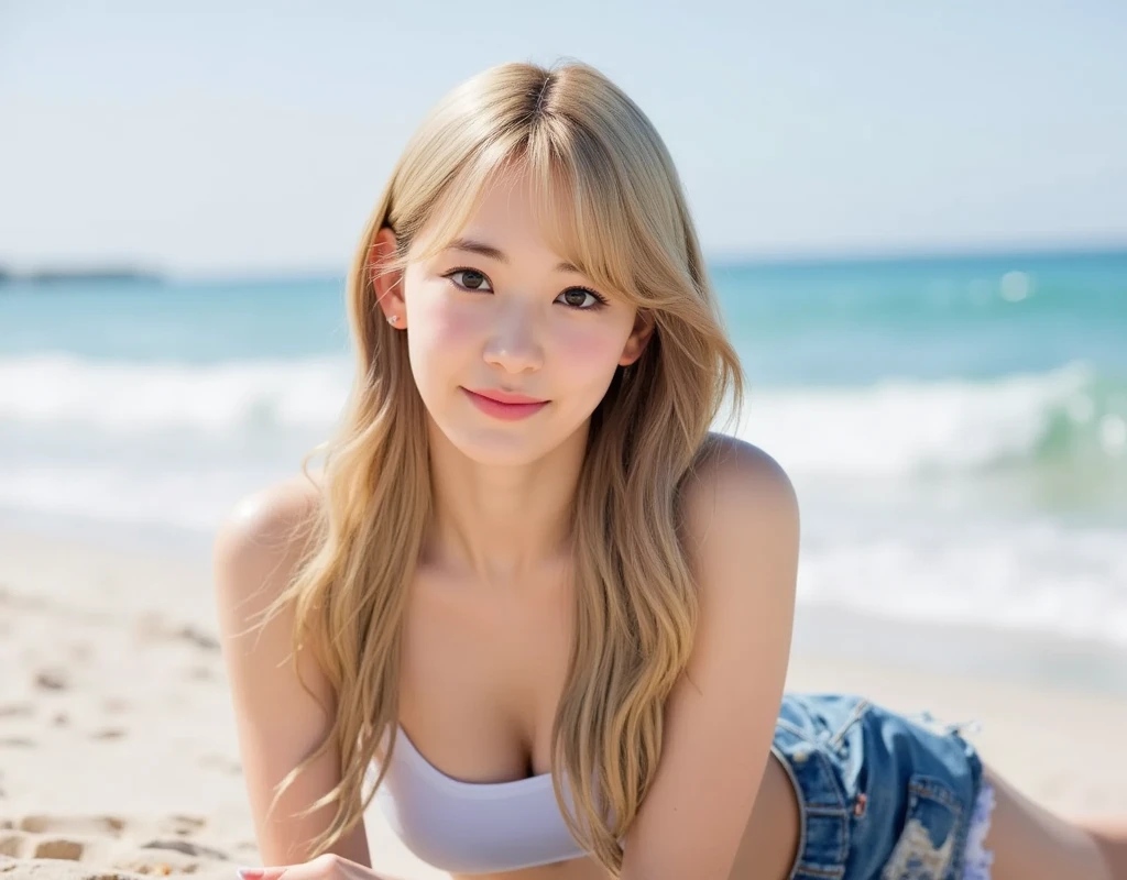 Beach Cafe、a white bikini、girl with、27yo、a blond、Braids、Tropical juices、Glittering light、Add an eye catch、gently smiling、sunset