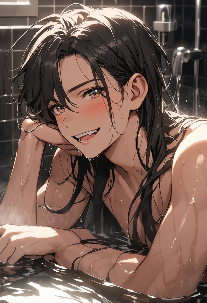 1boy, zoom out, male focus, highschool boy, beautiful boy, messy short black hair, small blue droopy eyes, he has fair skin, he is naked, he is smiling, one arm holding up and touches hair, he is in bathroom, erotic, masterpiece, cinematic, detailed