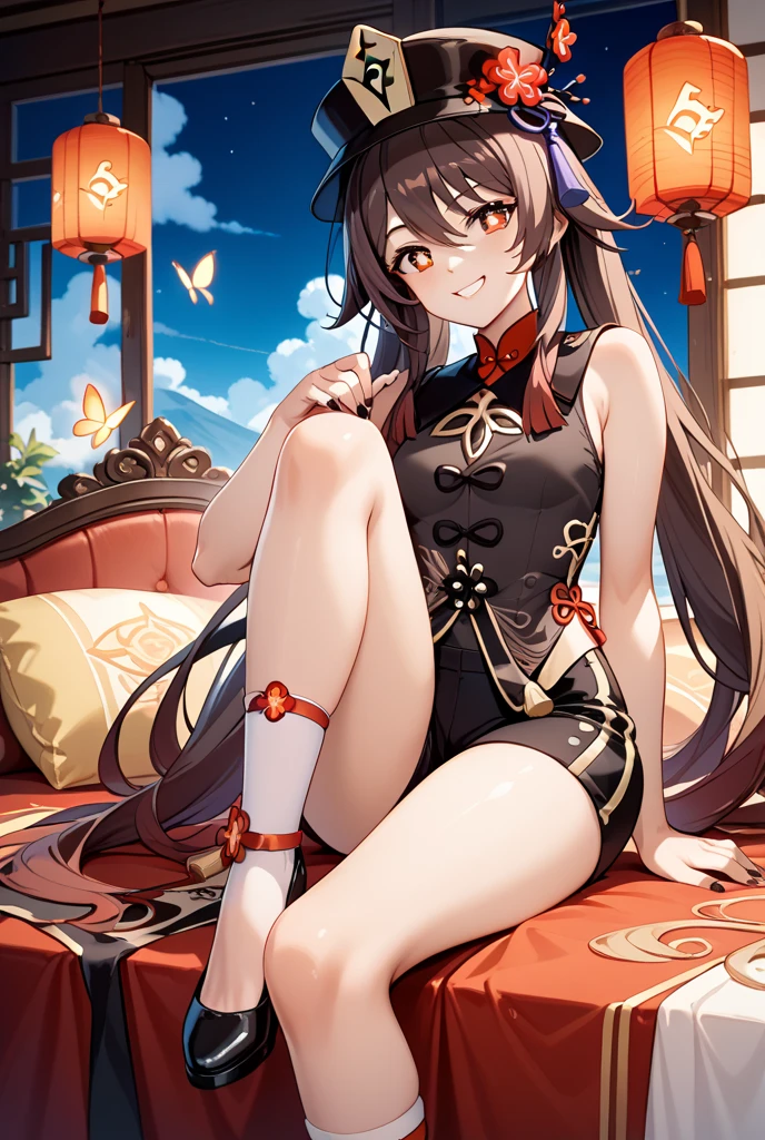 Satono Diamond\(umamusume\), highest quality、masterpiece、Ultra-high resolution、、Anime 2D Rendering, Realistic young anime woman,  Beautiful body, Beautiful thighs, Beautiful feet, White beautiful skin、 ((China dress:1.4)、(garter belt、Black knee-high stockings)、(Black High Heels))、 smile、Face towards the viewer、(whole body、Lying in bed)