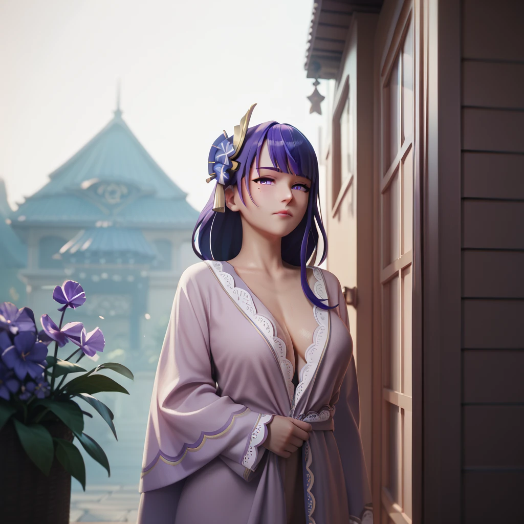 Nude photo of young girl with dark blue hair and light white eyes wearing a sexy light purple kimono, anime style.