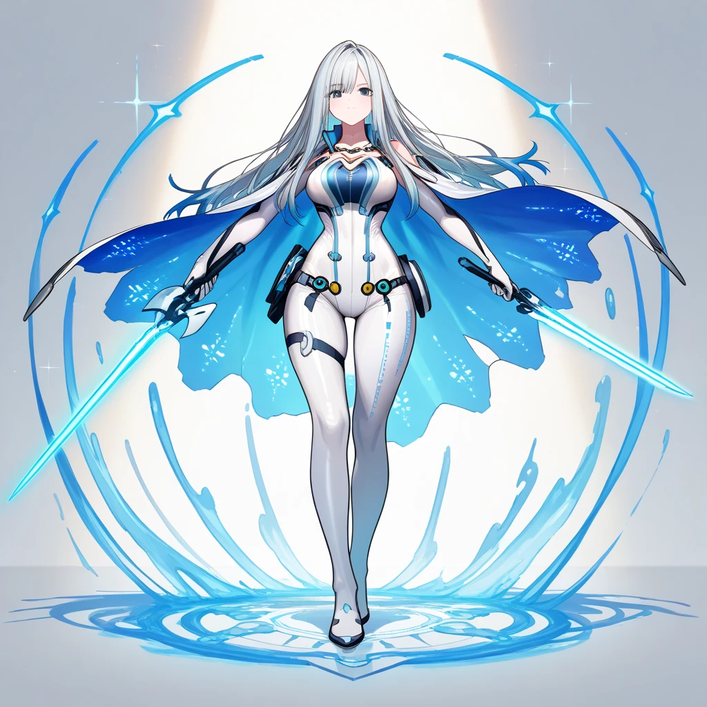 Caucasian woman with long hair, white one piece swimsuit,small cleavage, White sci-fi armor,iron boots, High heel, Western Spear,Light Wing,Sky
