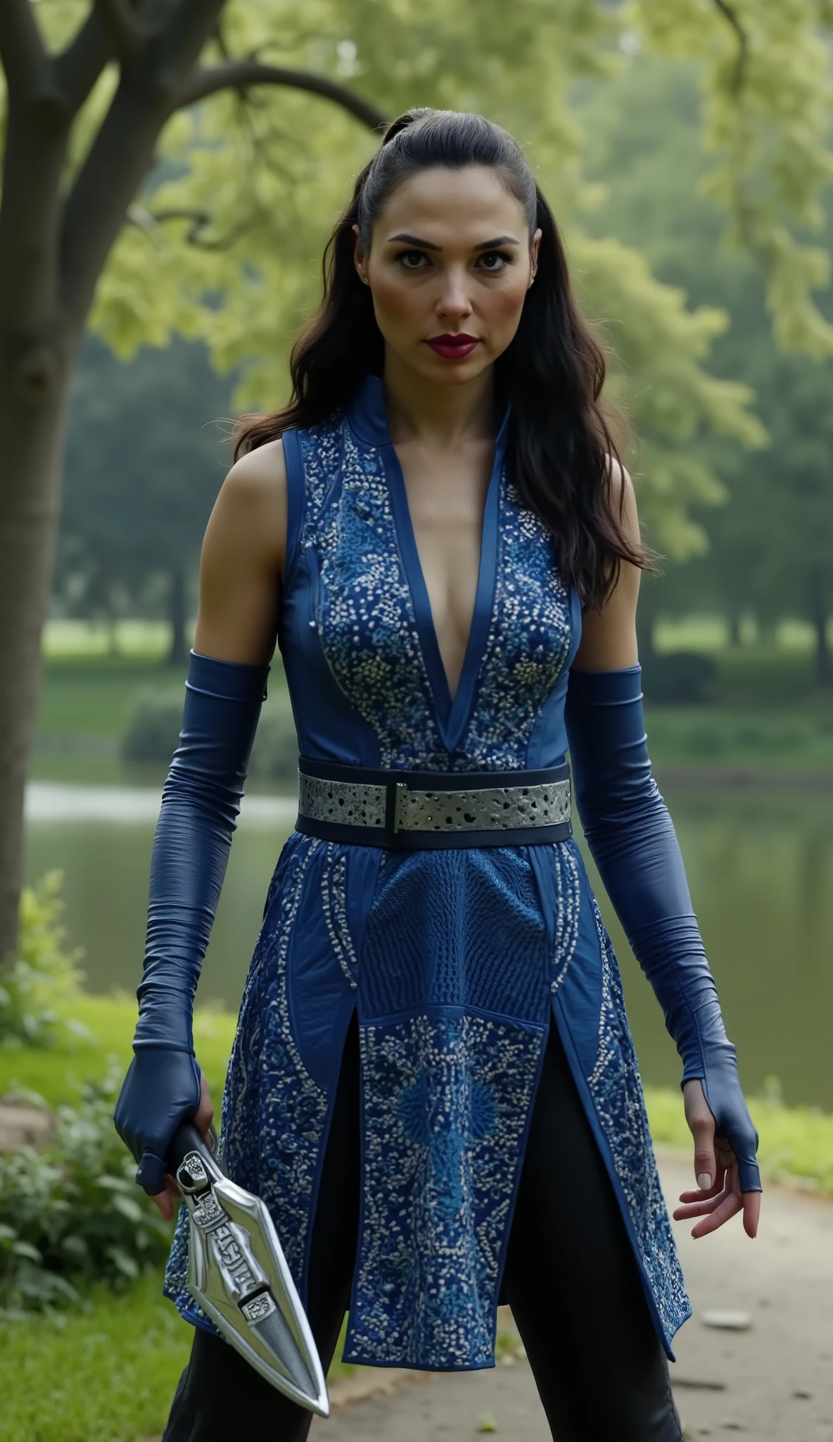 Make Gal Gadot hyperrealistic dressed as Kitana from Mortal Kombat in blue and with her sharp-pointed fan in a hyper-realistic park, upper body, em 8k