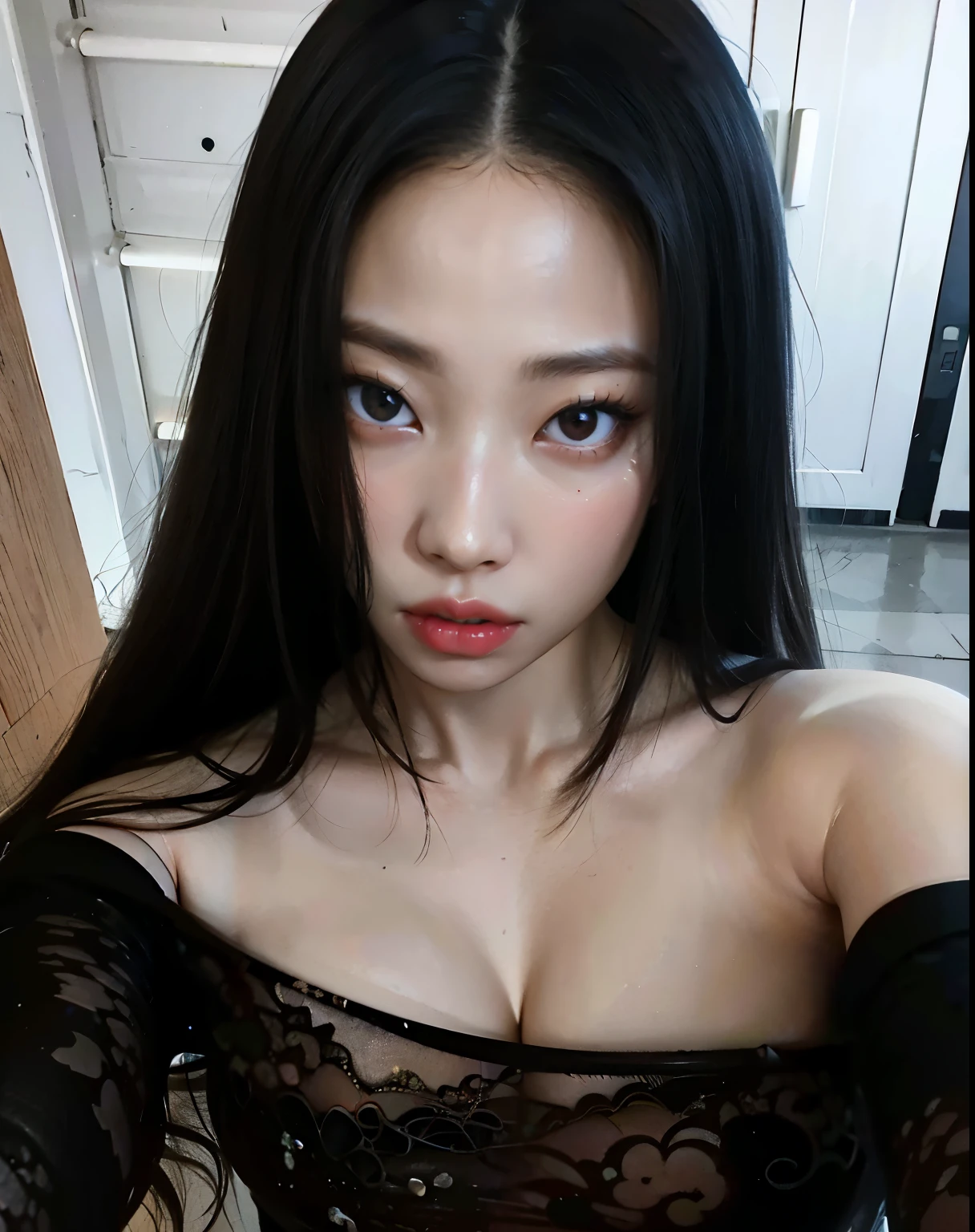 18 year of girl, large breasts, deep cleavage, ((cylindrical pushed up breasts))