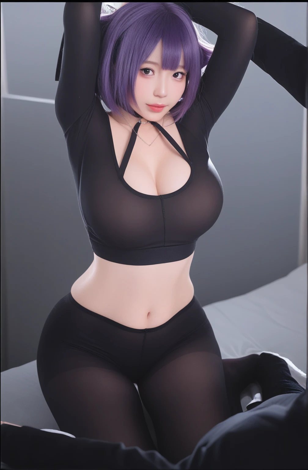 1girl, masterpiece, realistic, Bulma, face zoom, perfect makeup, eyelashes, sitting on bed, bedroom, ((night time)), long hair, ponytail hairstyle, large breasts, hourglass body, defined thick thighs, eyes at viewer, focus on face, view from above, slightly opened mouth, slightly sad,