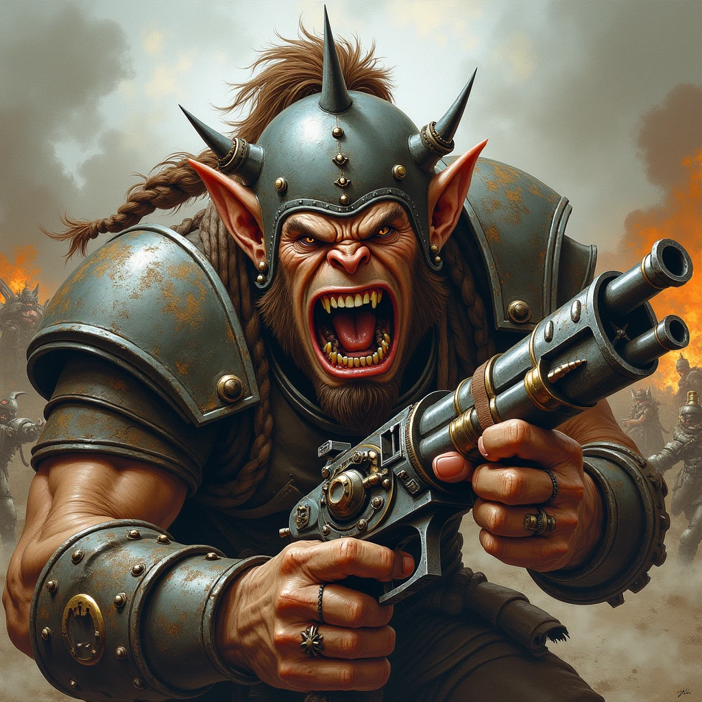 a powerful ogryn male, detailed muscular build, crude cyber augments, military themed outfit revealing skin, shouting singing, reinforced combat guitar, wartorn battlefield, dramatic lighting, cinematic composition, (best quality,4k,8k,highres,masterpiece:1.2),ultra-detailed,(realistic,photorealistic,photo-realistic:1.37),gritty military sci-fi,vibrant colors,dramatic shadows
