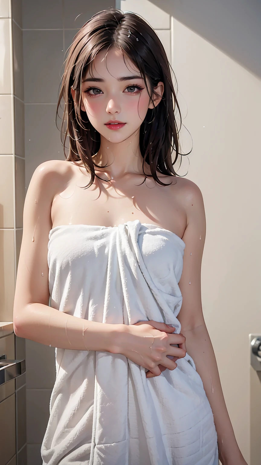 (shoulder-length straight short hair: 1.2),（Extremely meticulous CG 8k wallpaper），（Extremely refined and beautiful），（Masterpiece），（best qualtiy:1.0），（Ultra High Resolution:1.0），beautiful light up，Perfect lightning，realistic shaded，[A high resolution]，Smooth and flawless fair skin，Extremely exquisite facial details，ultra - detailed，A  girl，small head，Smile，cheerfulnes,late at night,(pink Dim light:1.4),Close Shot,at home,in the restroom,Blue green background,(open mouth:1.3),(drooling:1.4),small face,（perfect body:1.1）,no bra,slim,thin,(the body below the shoulders is wrapped in a damp white towel:1.5),Slender legs,hips,shoulder, off，bare shoulder，(bare back:1.3),(Female orgasmic:1.5),(blush:1.3),ahegao,(wet hair:1.4),(sweat:1.7),Taking a shower,standing,from behind，(Shower nozzle discharging water:1.2),(Water vapor diffuse:1.5),cowboy shot,(close eyes:1.4)