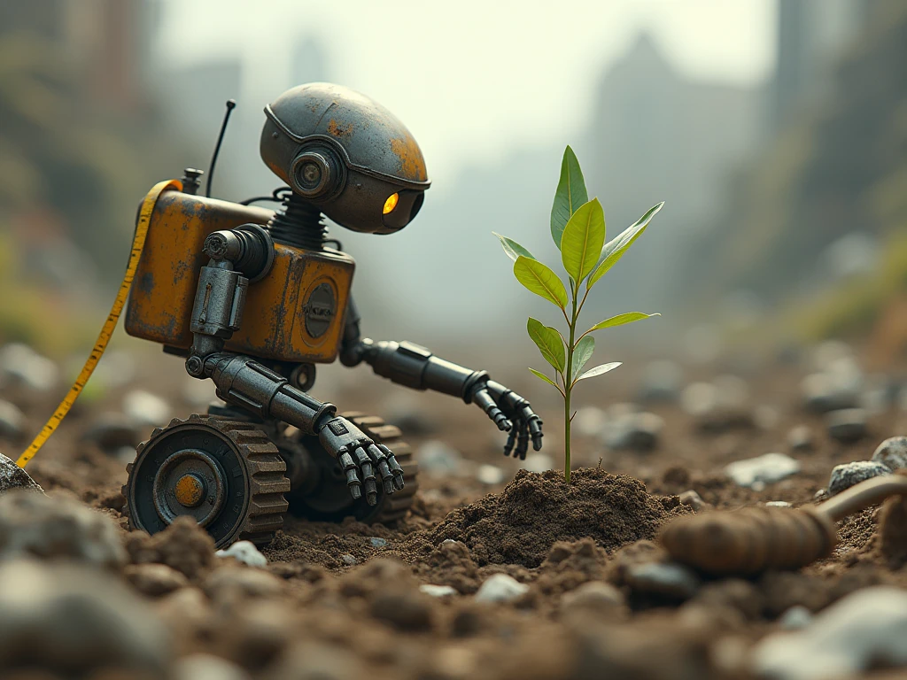 Generate an image of Wall-E inside the dumpster picking up a plant without the pot, holding the plant with both hands but without the pot, a three-branch plant without the pot, holding the plant with soil