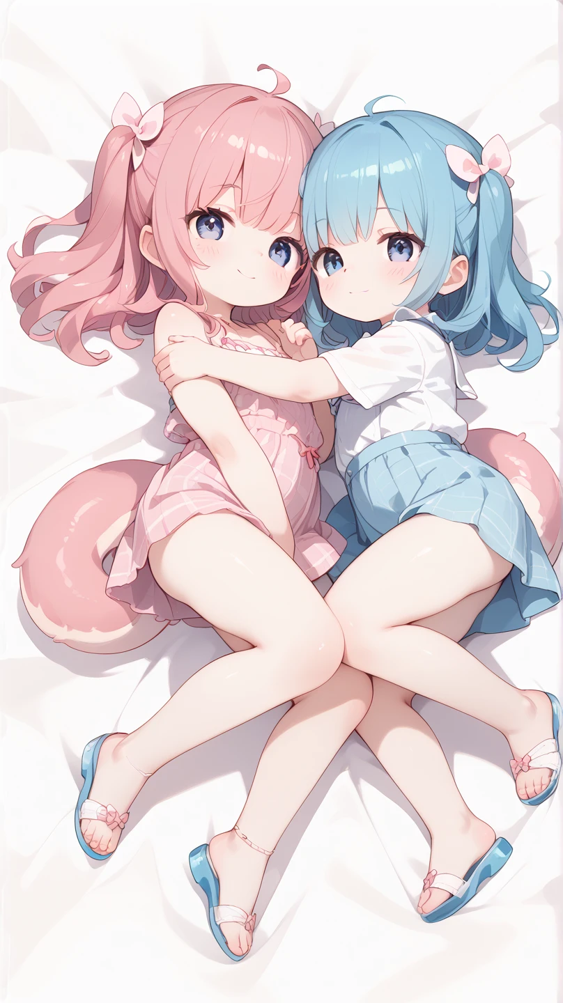 nsfw,Two Girls,Nipples,ffm,四つん這い,on stomach,from behind,Sex,panties,penis,Light blue hair,Light pink hairstyles,Cat ear,Pink Eyes,light blue lolita,White socks,,Pink ribbon,Laughing with your mouth open,Best image quality,Highest quality