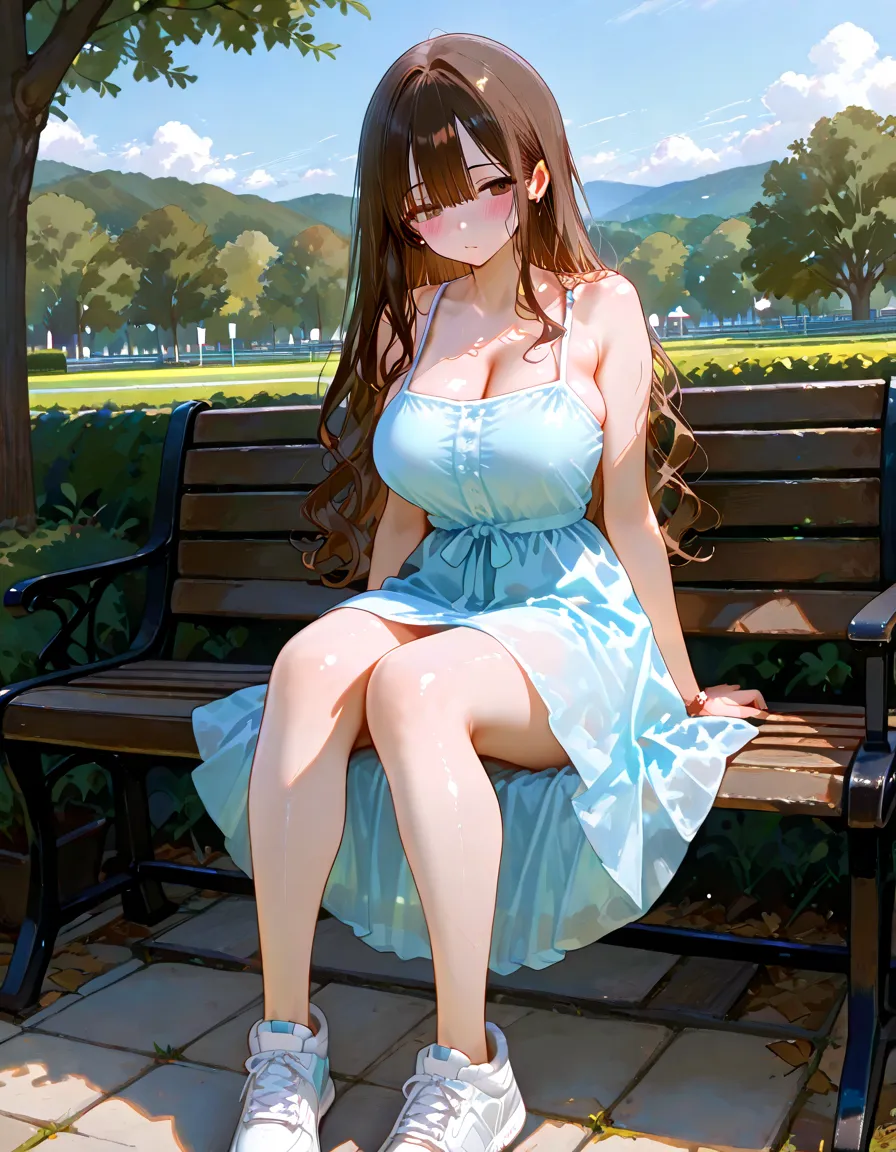 (a girl in summer clothes), pink, Camisole, random color, 25age, casual dress, making as if she wants to kiss you, (cute girl bending down looking at camera), large breasts, random hair color, random background, Vivid Photos, flirtatious look, ((very detailed)), (perfectly detailed face), cute face, (well detailed hand), photorealistic image, bus stop, bench,countryside, ((rain, bus stopでrain宿り)), (rainbow, A sky with a rainbow), レトロなbus stop, (slouch), ((A refreshing smile)), full body shot,