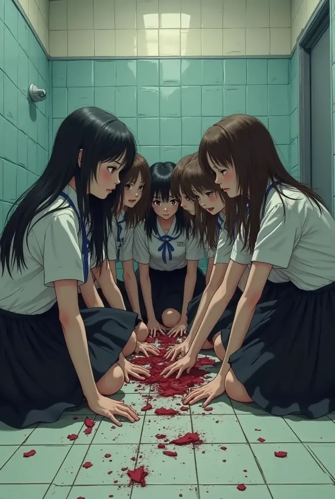 Group of smiling school girls in long black skirts and long hair crouching sitting on the bathroom floor stabbing him with knives
