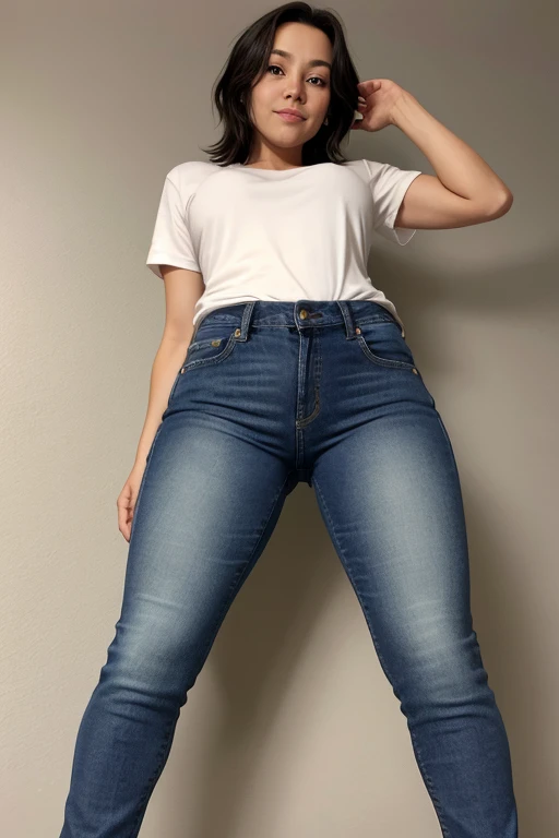An elderly woman of 70 years, with sexy curves, Skinny body, black hair, White skin, hourglass curves, hourglass figure, hourglass body, very short stature, tight jeans, warm sweatshirt