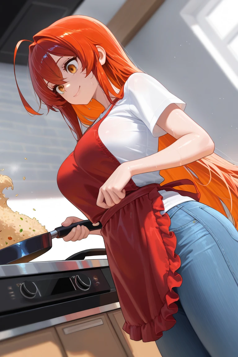 4k, best quality, realistic, detailed, 33 year old beautiful red-haired ponytailed woman with giant  sagging breasts. slit eyes and thick lips beautiful adult round face. white T-shirt, denim pants, red pedicure, glamour body. I put a frying pan on the stove in the kitchen and work up a sweat to make a stir-fry.  The counter seats were filled with multiple male customers.  A tray with rice, miso soup, and empty space.  One empty plate.  Her T-shirt was sweaty and her breasts and nipples were visible.  The viewer is looking from the side.