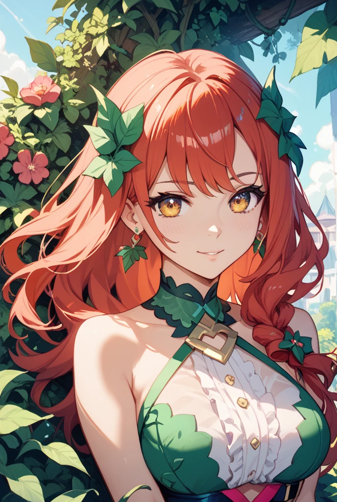masterpiece, best quality, Anime, (smile:1.3) 1girl, cleavage, green eyes, leaf, short hair, ponytail, looking at viewer, plant, red hair, smile, solo, vines, dress, forest, sky, mountain, (castle on the mountain:1.8)