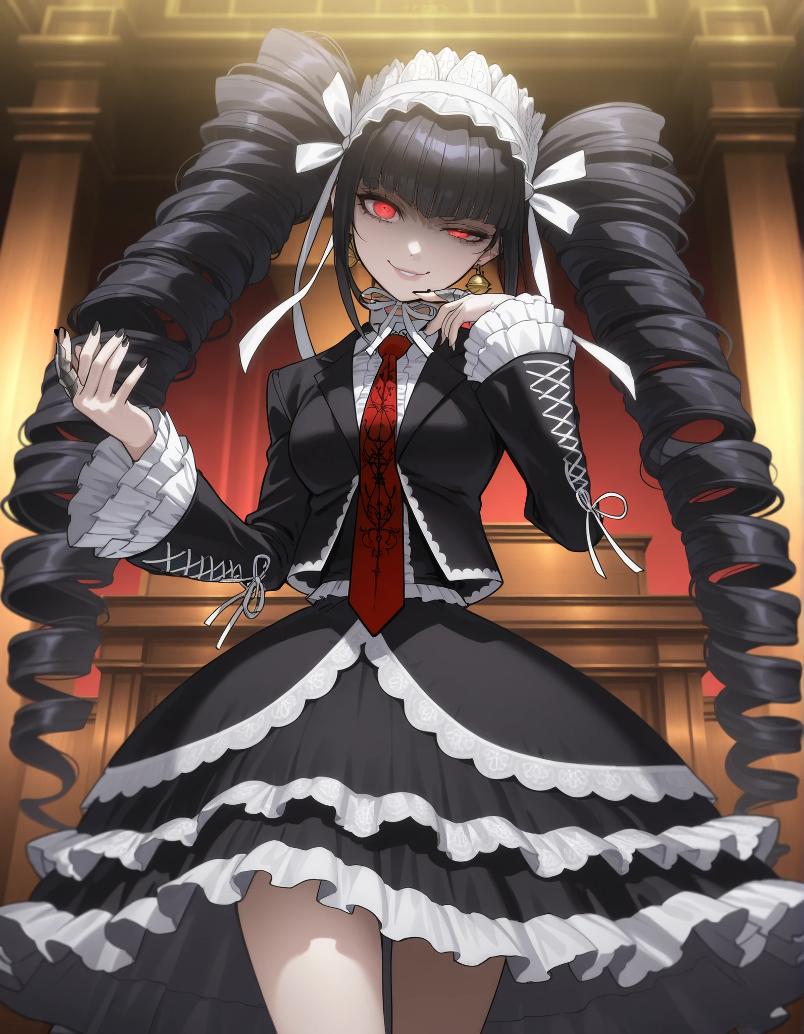 anime screencap, masterpiece, best quality, amazing quality, very aesthetic, absurdres, newest, (scenery, volumetric lighting), celestia ludenberg, 1girl, solo, long hair, half-closed eye, evil smile, bangs, lips, white shirt, black hair, red eyes, long sleeves, twintails, standing, bell earrings, frills, print necktie, black skirt, nail polish, black jacket, drill hair, frilled sleeves, red necktie, black nails, twin drills, gothic fashion, layered skirt, bonnet, claw ring, frilled skirt, hand up, medium breasts, courtroom, thighs, looking at viewer