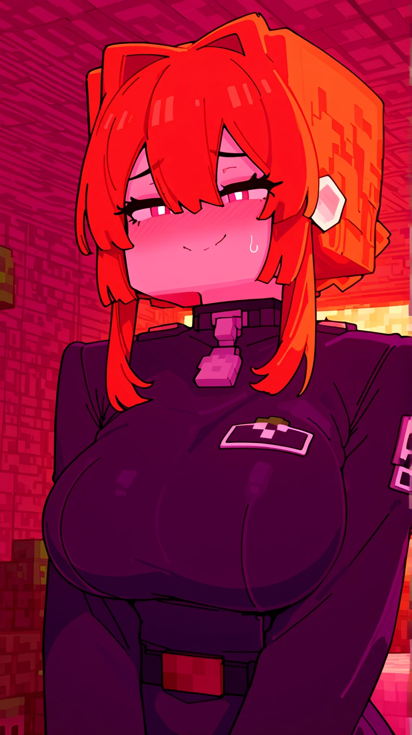 Red hair girl, cat ears, big body, with a black leather suit attached to the body, that her nipples and vagina are visible in her suit and that she has an air of dominance