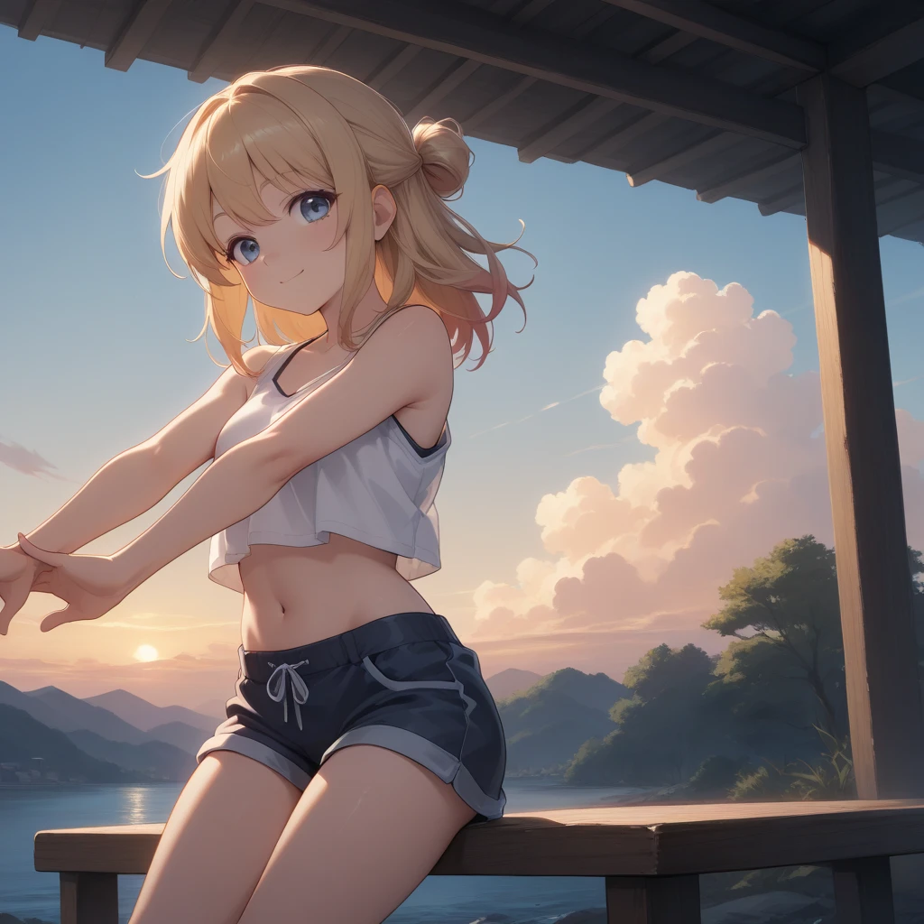 2D Anime Style、Blue eyes、breasts are slightly larger、Cool and beautiful adult woman with short blonde hair、full body Esbian、Snowy outdoor、I'm wearing shorts, Tops that show your stomach