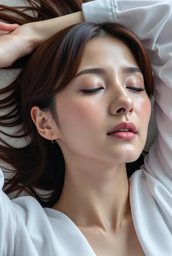 A Japanese Lady, Wearing a very tight wet white full open button shirt, ((Pull the shirt up to your chest)), ((cowgirl position)), up-and-down motion, Wet bun hair, Tilting head, very white wet skin, realphoto, half opened eyes, Half-opening, Looking at Viewer