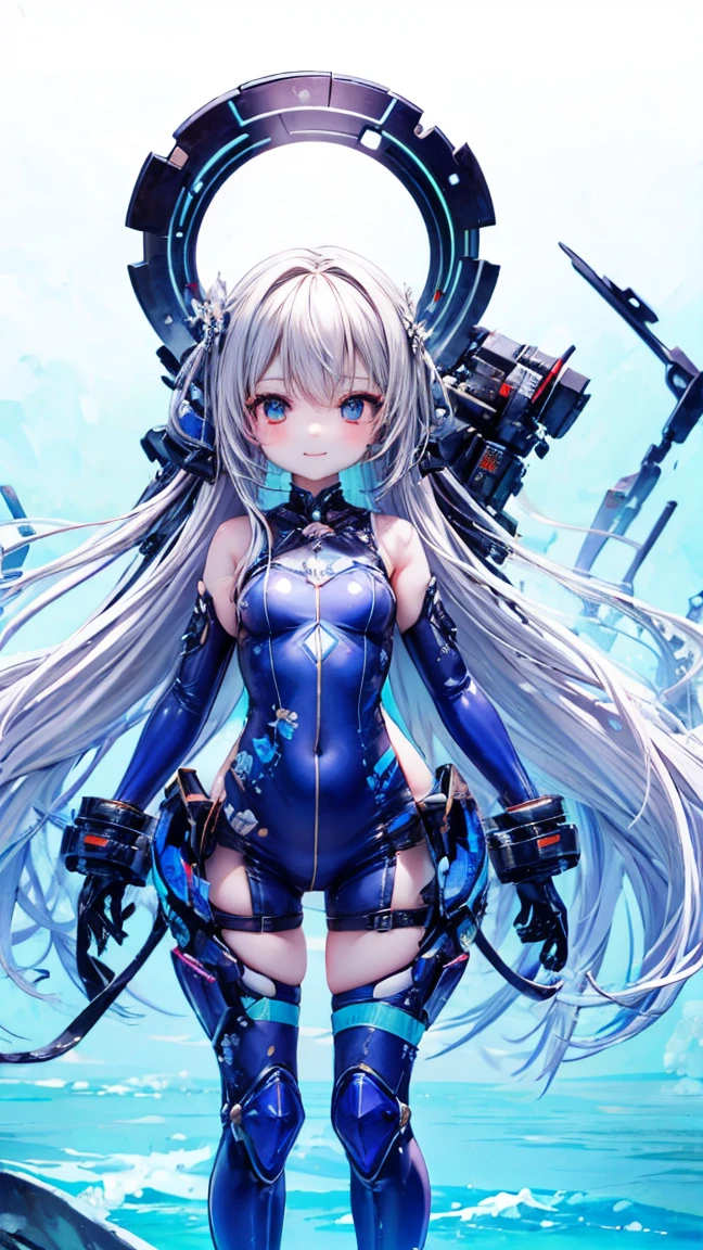 (highest quality)), ((masterpiece)), (very detailed: 1.3), 3D, (wear dark blue Old School Swimsuit under armor:1.3), 1 girl, (She is fused with futuristic Gundam mecha:1.2), with headgear, add v-fin to the forehead, armored shoulders,armored under arms, armored under legs, 2 marine thrusters attached on back, marine thrusters are symmetrical, under the calm waters of Iceland:1.2, under water, multilayer textureperfect proportions, octane rendering, duotone lighting, Low ISO, wide aperture, White balance, Rule of thirds, ultra HD16k, HDR (High Dynamic Range), Ray Tracing, NVIDIA RTX, Super Resolution, Subsurface Scattering, PBR Texturing, Post Processing, Anisotropic Filtering, Depth of Field, Maximum Clarity and Clarity, High efficiency subpixel, subpixel convolution, particles of light, light scattered, Tyndall effect, full body:1.5, battle pose, cute, (cute:1.2), (セミロング:1.3),三つ編み, 黒髪, 太い眉毛, 薄い色の虹彩, 大きくて輝いている黒い瞳, 長いまつげ, 小さく薄い色の自然な唇, (Average face of Japanese idols), (日本人特有の童顔:1.3), (baby face), 広いおでこ:1.2, ふっくらした頬, 小さな顎, looking at viewer,Focus on the eyes, (完璧な4本の指, 親指1本),