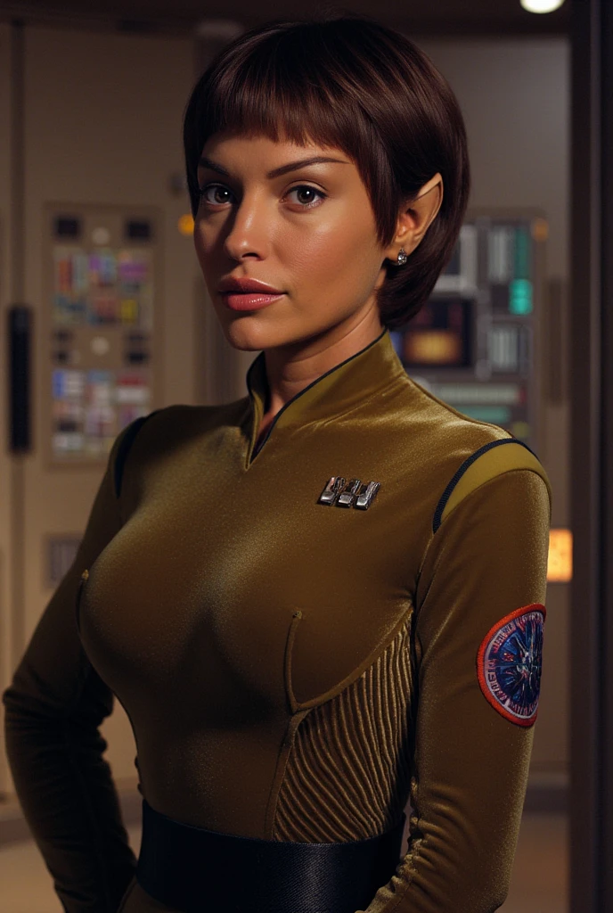 tpol, female, tan skin, pointy ears, very short brown hair, bangs, wearing camouflage bodysuit, large breasts, slender body, medium shot, front view, sci-fi starship interior background, jolene blalock, <lora:tpol_lora:0.8>