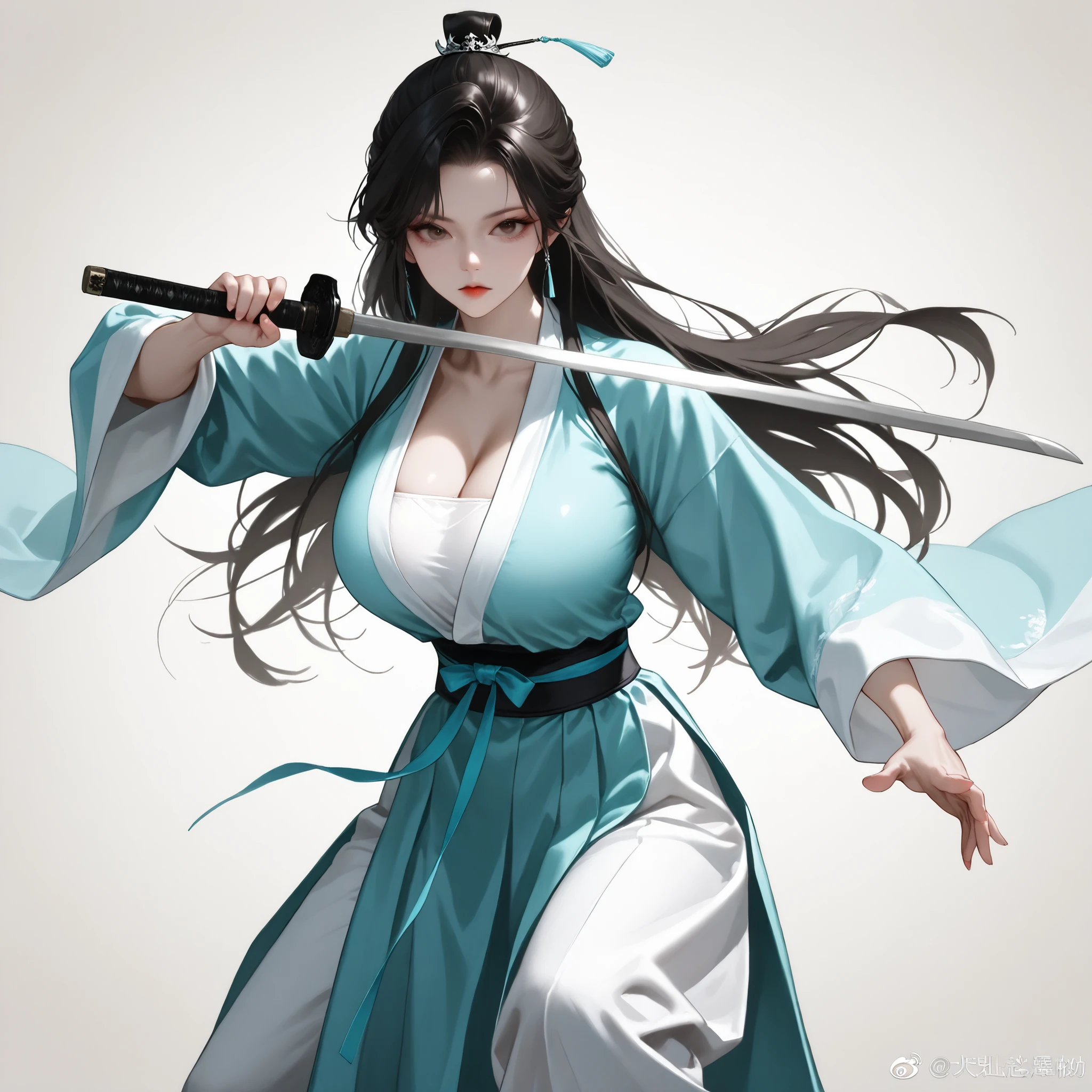 very aesthetic, 걸작, 고해상도, 8k 해상도, high contrast, (semi-realistic), newest, koreanai, RP-Illu, best_quality, finely_detailed_eyes_and_detailed_face, (1 girl, bishoujo), solo, long_hair, straight_hair, (slicked_side:1.4), blue_hanfu, holding_sword, fighting_stance, martial arts, (humongous_breasts, huge_breasts, skinny, skinny_face, tall_height), brown_eyes, expressionless , black_hair