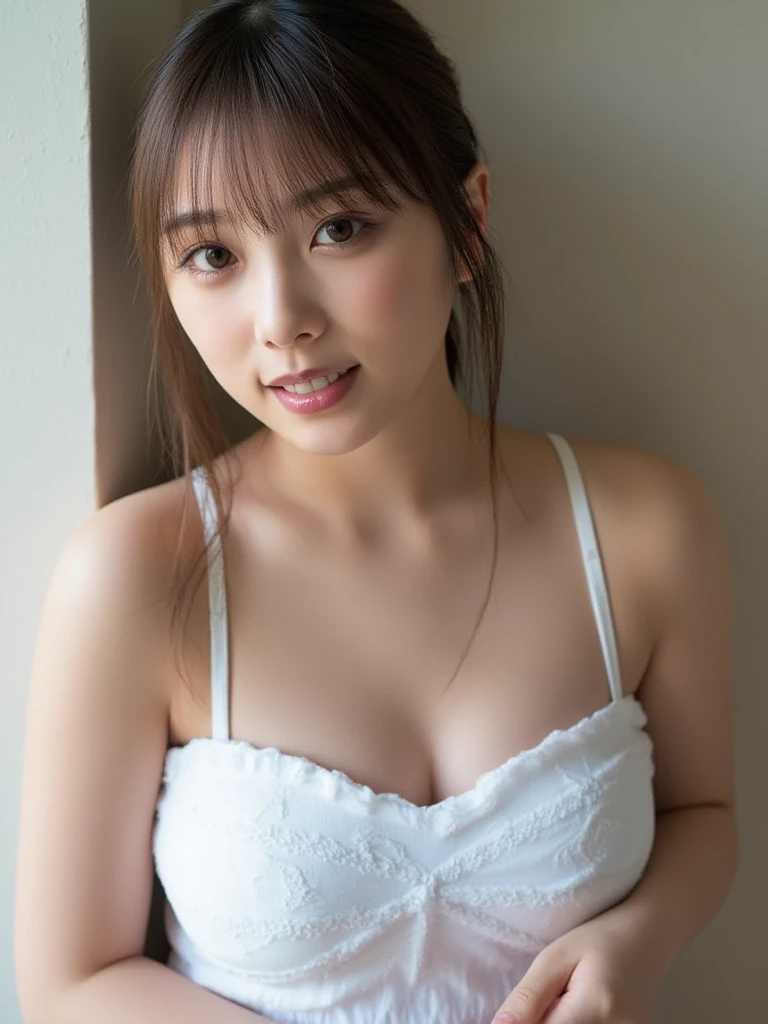 Masterpiece、highest quality、8K,Ultra-high resolution、RAW Photos、UHD、日本people、beautiful girl、1people、woman, (Flower Hair Ornaments,Braided top knot,Twisted Side Part Ponytail Braided Headband,Half Up、Braided Space Van,Voluminous fishtail braid,Twisted pan),(Asymmetrical bangs)、 (Ultra Realistic),round face、 Fine and beautiful eyes, Lifted eyes、Big eyes、(The pupil of the right eye is blue:1.6)、(The left eye pupil is red:1.6)、double eyelid、Thin eyebrows、Red around the eyes、Dolly Makeup、Thin lips, Pastel colored tight blouse、Knitted micro mini skirt, A kind smile, (Realistic, photo-Realistic:1.37), Professional photography, Cinematic Light, (Very beautiful face: 1.2),Very large breasts、Cleavage、Voluptuous thighs、Pictured from head to knee