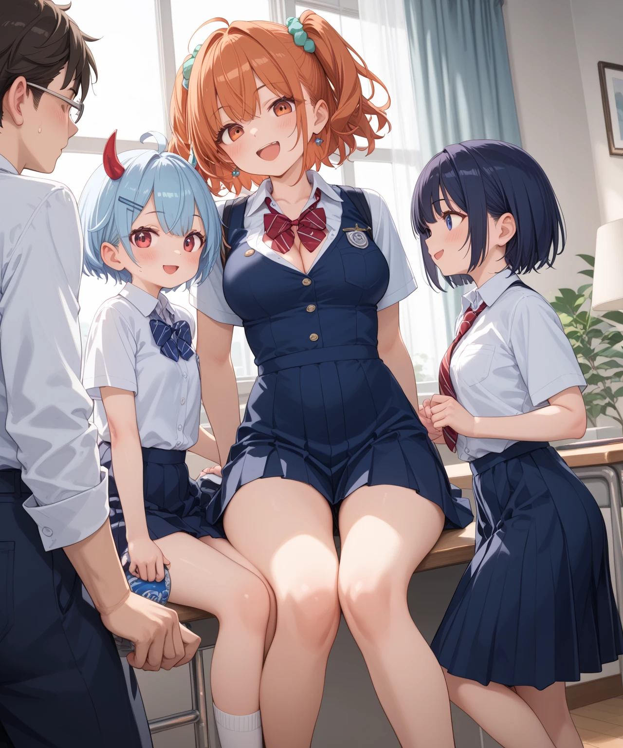 Mother(36 years old、Red hair、tall、Big Breasts)and daughter(12 years old、Black Hair、Flat Chest、low length)Fighting、Angry expression、Glare、underwear、Nipples、pubic hair、classroom、Promiscuous