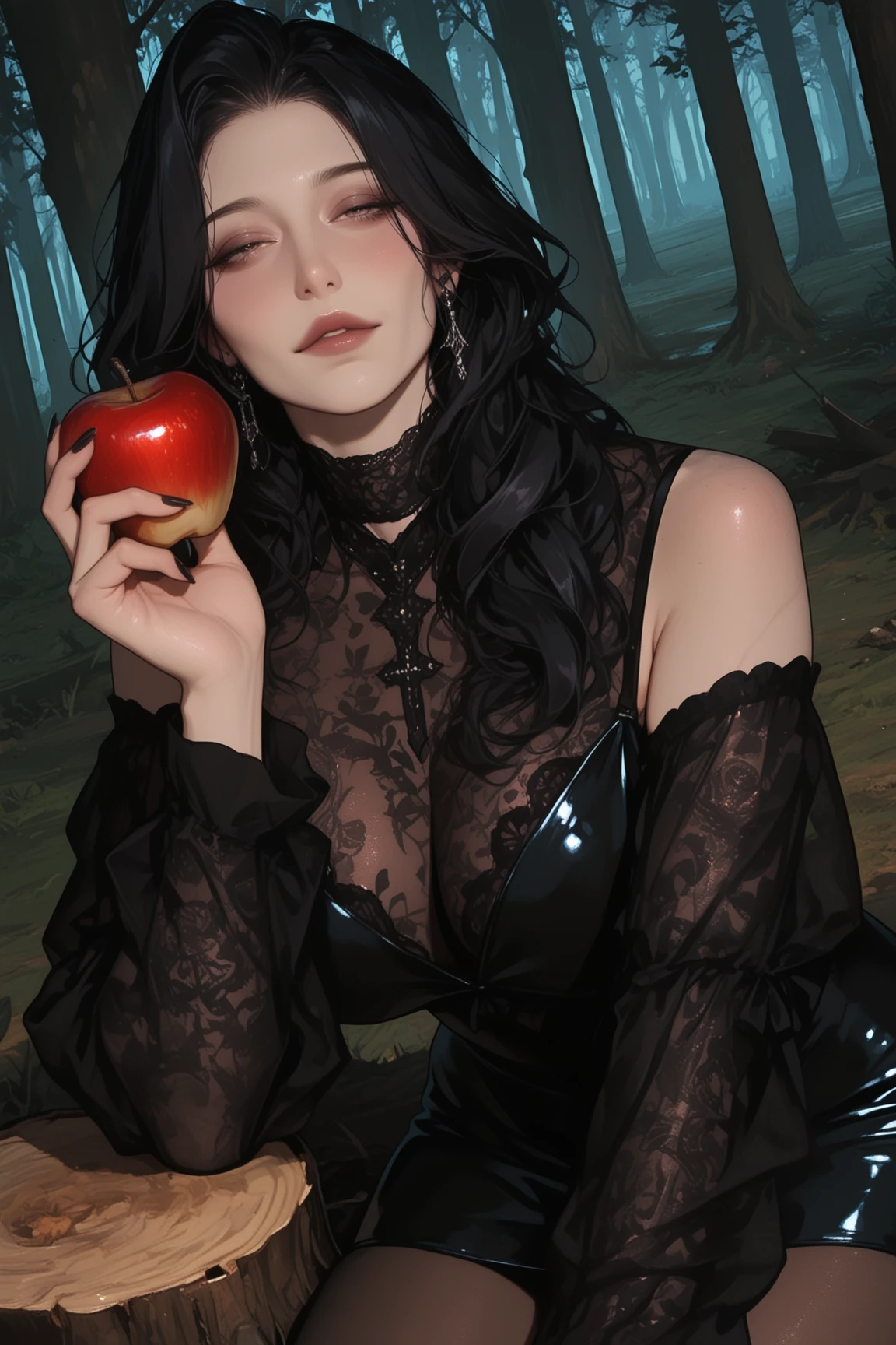 a beautiful woman that is laying down on the ground, a character portrait inspired by Edna Mann, deviantart, gothic art, elvira in skimpy sexy tattered clothes, very beautiful goth top model, sexy bottom model, blood red lipstick, full lips, goth woman, necklace shaped like a spider made from diamonds emeralds and rubies, large breasts, smiling, photo realistic, 8k, vibrant color, ((distant full body view))