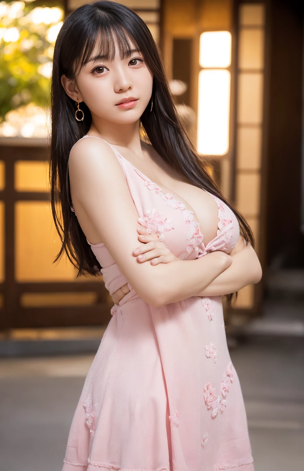 Fashion model 18 years old [[[[closeup cleavage]]]], [[[[boobgasm]]]], [[[[coll]]]], [[[[bshoulders]]]], perfect  eyes, Perfect iris，Perfect lips，perfect teeth，Perfect skin，with fair skin，Long face，slender nose，Soft front light，Density imaging review，Movie girl beauty，Pink clothing，The background is West Lake（pastel colour：1.2），huge tit：1.8，Anterior convex and posterior，with a good figure，Wear a tocklings，Super nice looking