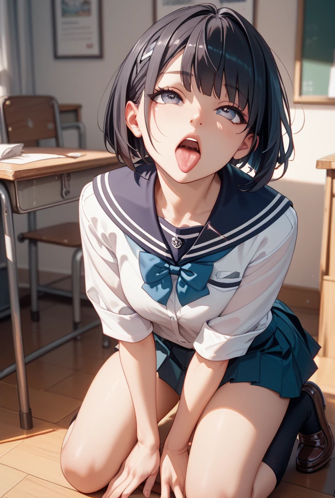 (((masterpiece, Highest quality, High resolution, 超High resolution, Pixel perfect, Written boundary depth, 4K, About RTTX10.0))), Beautiful Anime Women, Beautiful art style, Anime characters, ((Smooth texture, Realistic texture, Anime CG Style)), Exact finger count、Exact number of legs、(Exact number of arms:1.0, Exact number of hands:1.0), (Perfect hands, Perfect Anatomy), Cinematic, Realistic, Highly detailed CG, Daytime lighting, Perfect lighting, Best Shadow, The best natural light, whole body, Perfect body, (Slender body:1.2), whole body, ((bangs, Dark brown hair, Bobcut)), ((One woman is kneeling, looking up and gazing open-mouthed., sleep:1.4)), ((Beautiful eyelashes)), ((Detailed face, Blushing:1.2)), ((Beautiful and large breasts)), (Amazingly beautiful girl), (School classroom:1.3), (Fashionable white shirt, Sailor collar, Navy blue sailor suit, Knee-high socks, Navy pleated mini skirt:1.3), (Open your mouth wide:1.5), ((close your eyes:1)), ((cute, Sighing expression)), Breathe with your shoulders, sexual pleasure expression, Holding in pee、Patience is the limit、On the brink of climax, (Perfect Anatomy, Perfect number of arms, Perfect hands)、(cum on face, cumin mouth:1.7), Look up, A 'Phew' sound, Surprised expression, Angle from above right, (My face is covered in sticky white liquid:1.4)