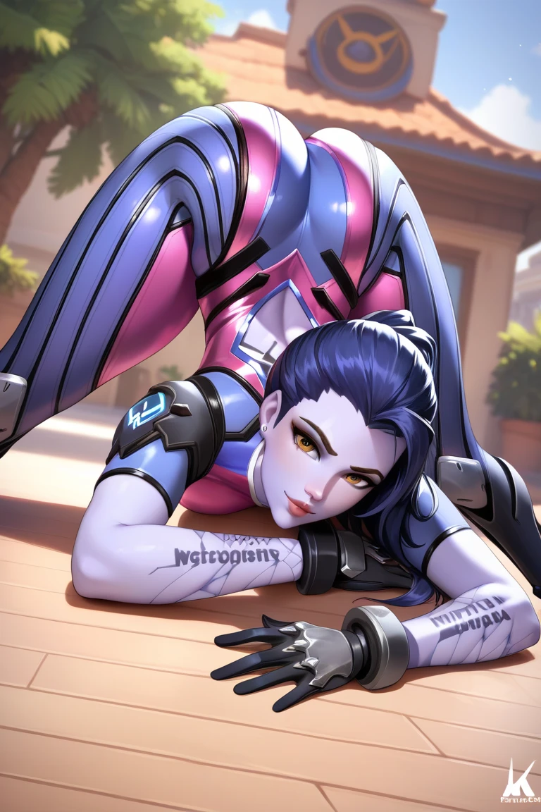 Hyperrealistic art mature woman, (1girl:0.5), masterpiece, widowmaker_(overwatch), solo, (purple skin), <lora:Widowmaker_Overwatch-07:1>, purple hair, from behind, short hair, ponytail, on stomach, breasts, large breasts, bare shoulders, ass focus, bottomless, colored skin, blue skin, lying, thighs, ass, solo, nice hands, perfect hands, <lora:GoodHands-beta2:0.85> . Extremely high-resolution details, photographic, realism pushed to extreme, fine texture, incredibly lifelike